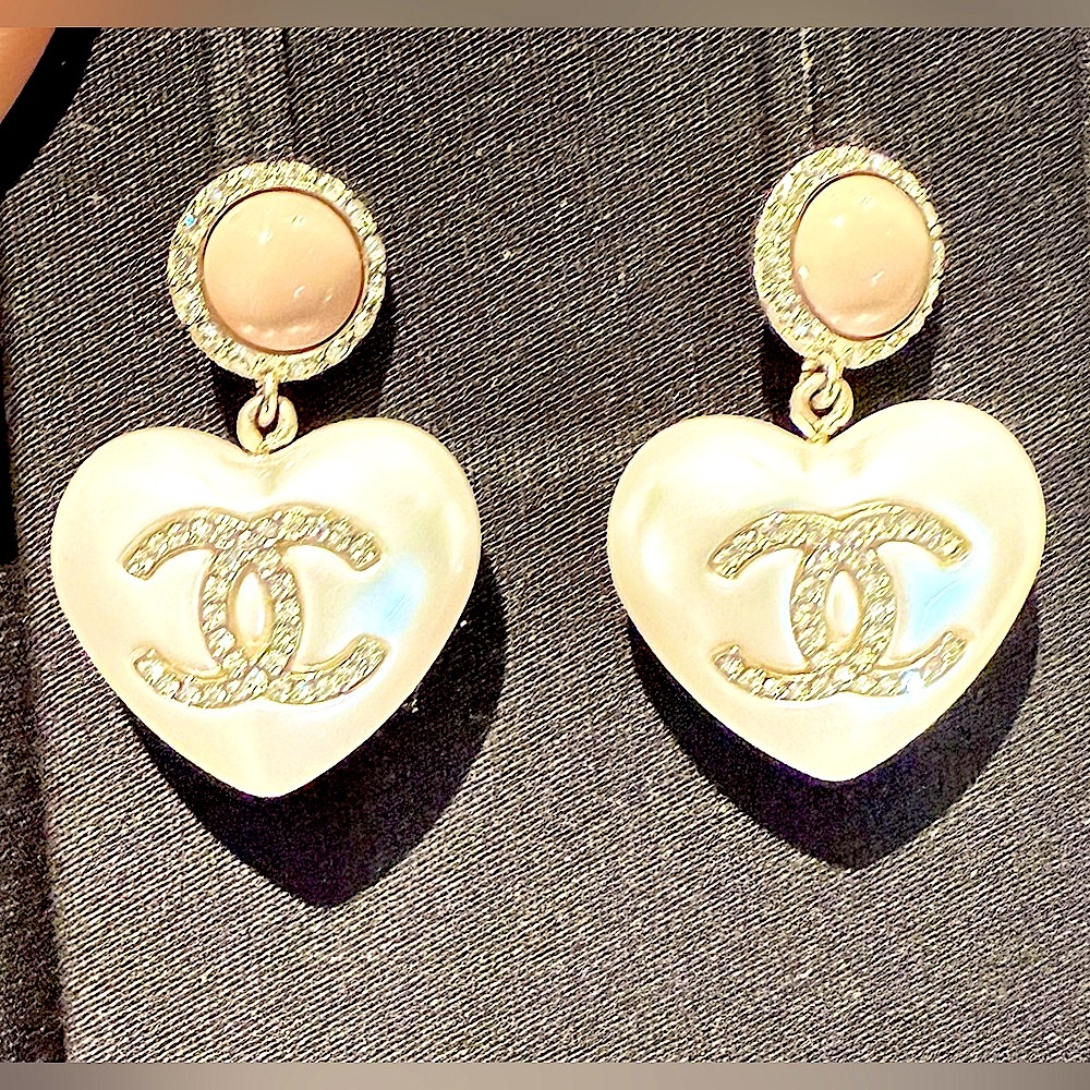 Pearl Resin Crystal CC Heart Drop Earrings Pink Gold